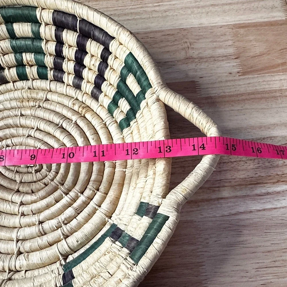 Handwoven Coiled Woven Straw Basket Tray Round Green Purple Geometric 15in